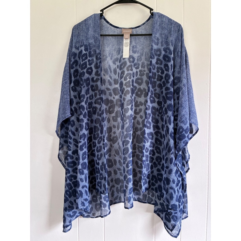 Chicos Womens Blue Leopard Animal Print Open Front Kimono Wrap L/XL